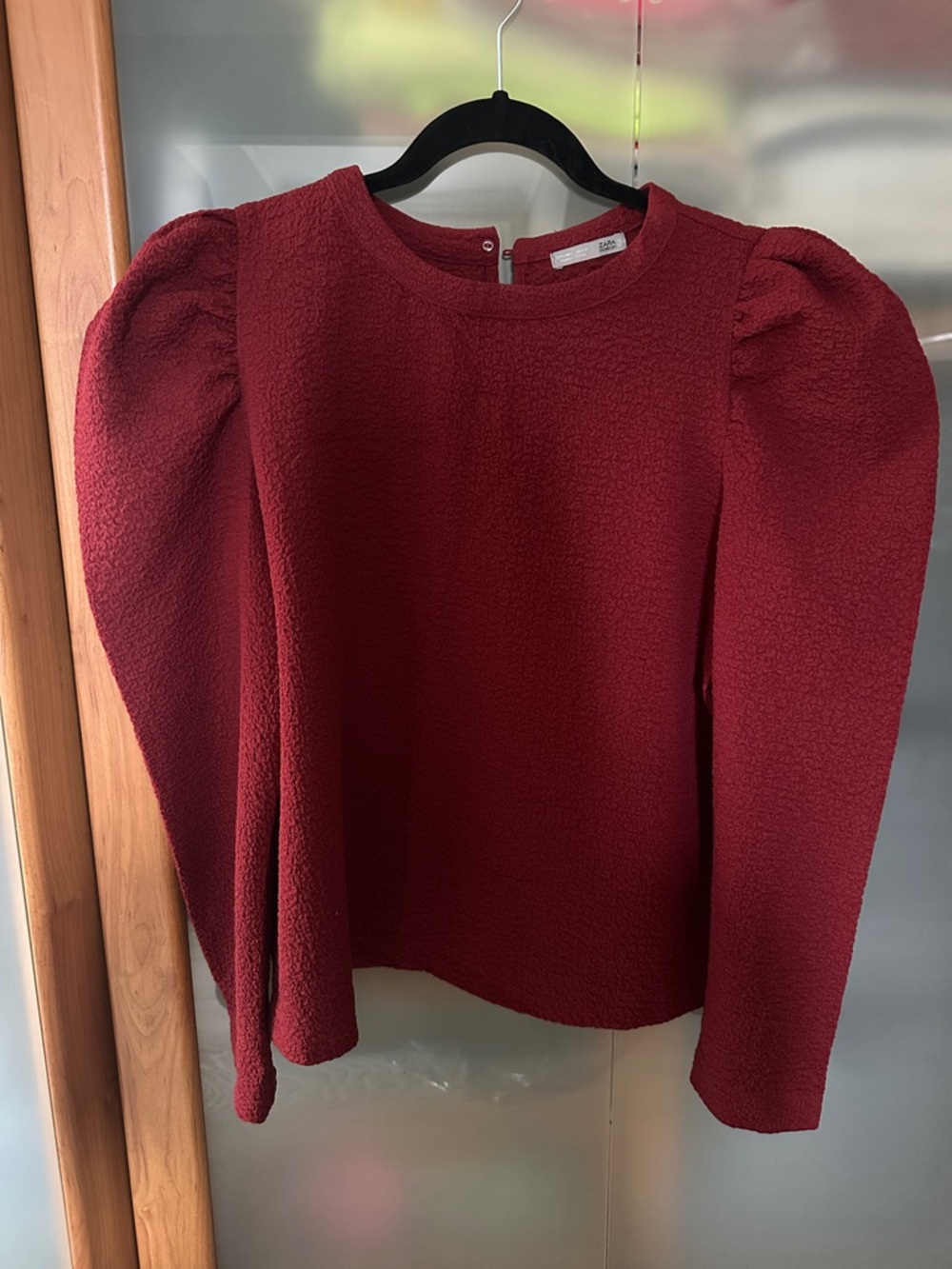 Zara Burgundy Puff-Sleeve Textured Blouse